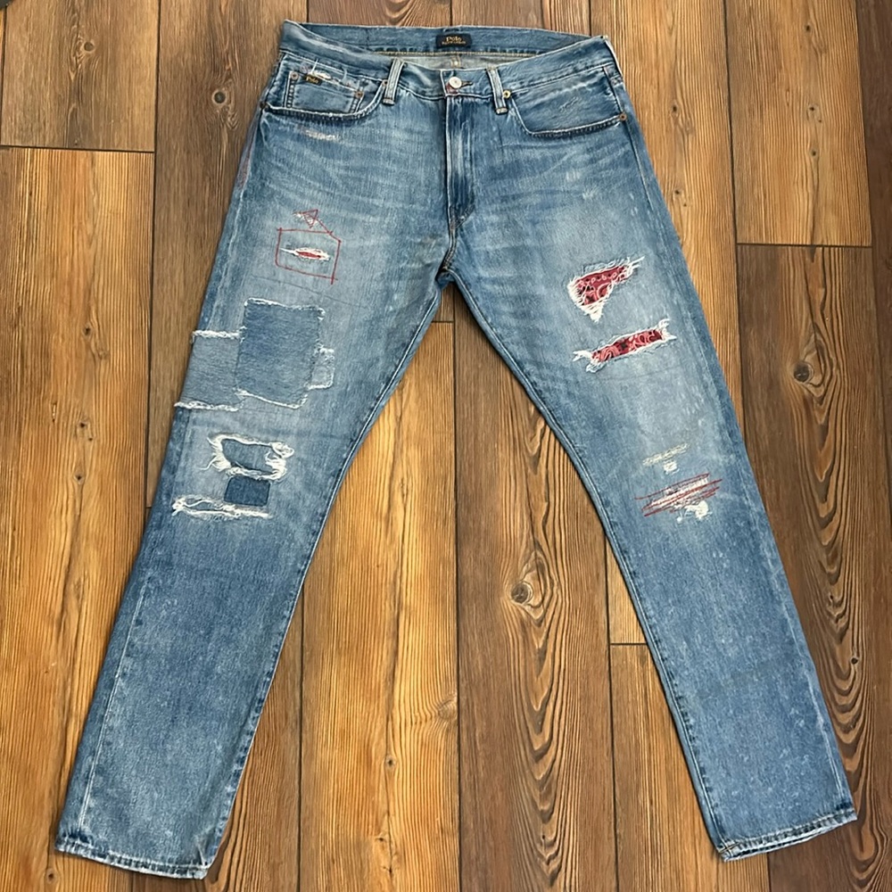 Polo Ralph Lauren Sullivan Slim Patchwork Bandana Distressed Jeans Men’s 32x32